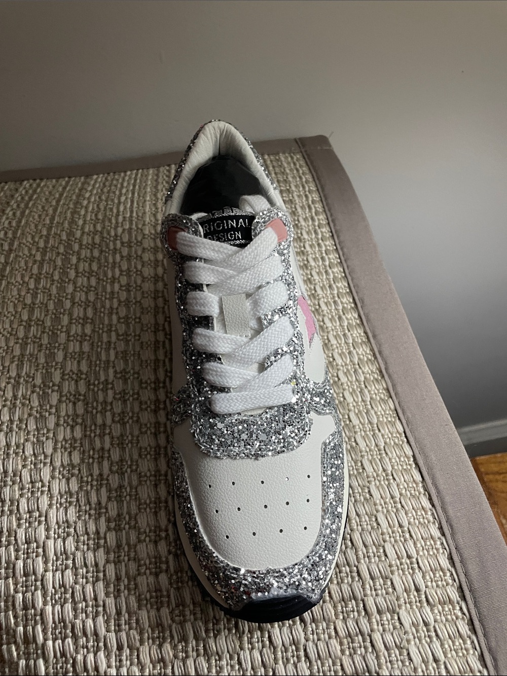 White and Silver Glitter Women's Sneakers with Pink Accents
